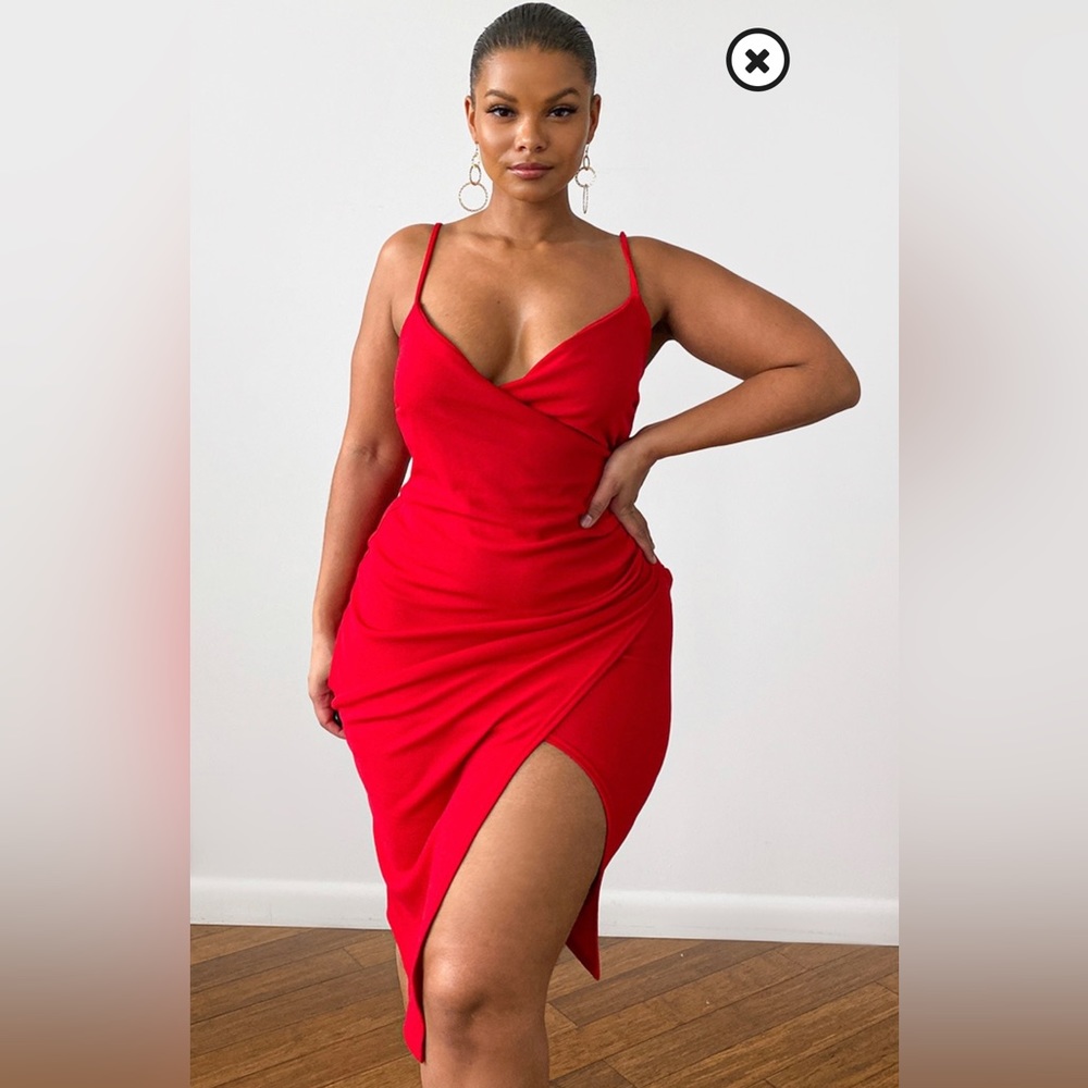 Red Wrap Front Midi Dress